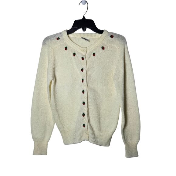 Chelsea Place Womens Strawberry Embroidered Button-Up Cardigan Sweater Medium - Picture 1 of 8